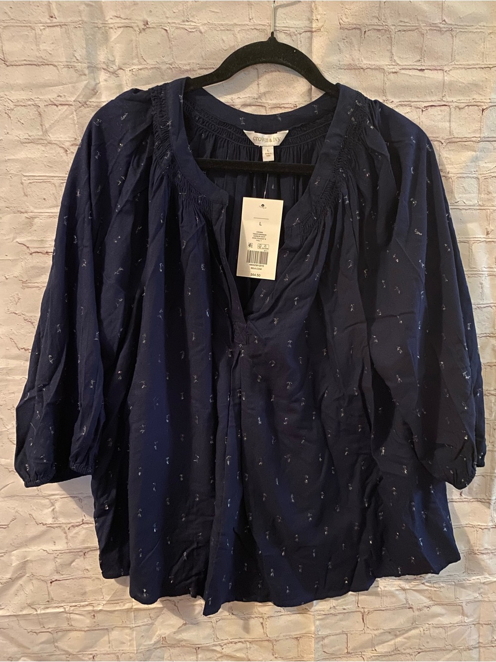 NWT Crown & IvyNavy Embroidered Peasant Blouse